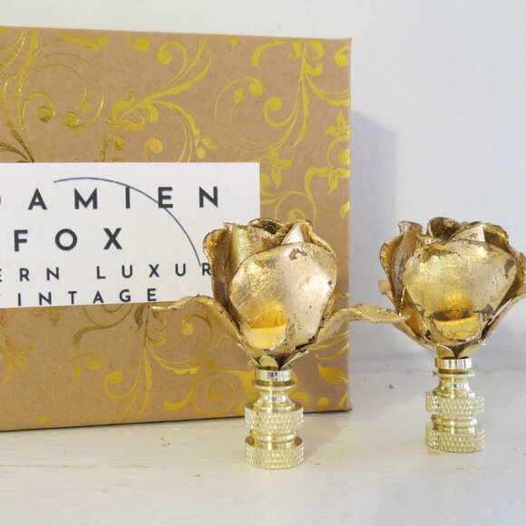 Vintage Italian Gilded Tole Rose Lamp Finials a pair. Gift Boxed.
